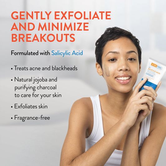 Acne Free Salicylic Acid Exfoliating Face Scrub, 2% BHA Blackhead Remover & Acne Treatment, Deep Cleanse with Charcoal & Jojoba Beads, Gentle Exfoliation with Ginger & Oats, 5 Ounce