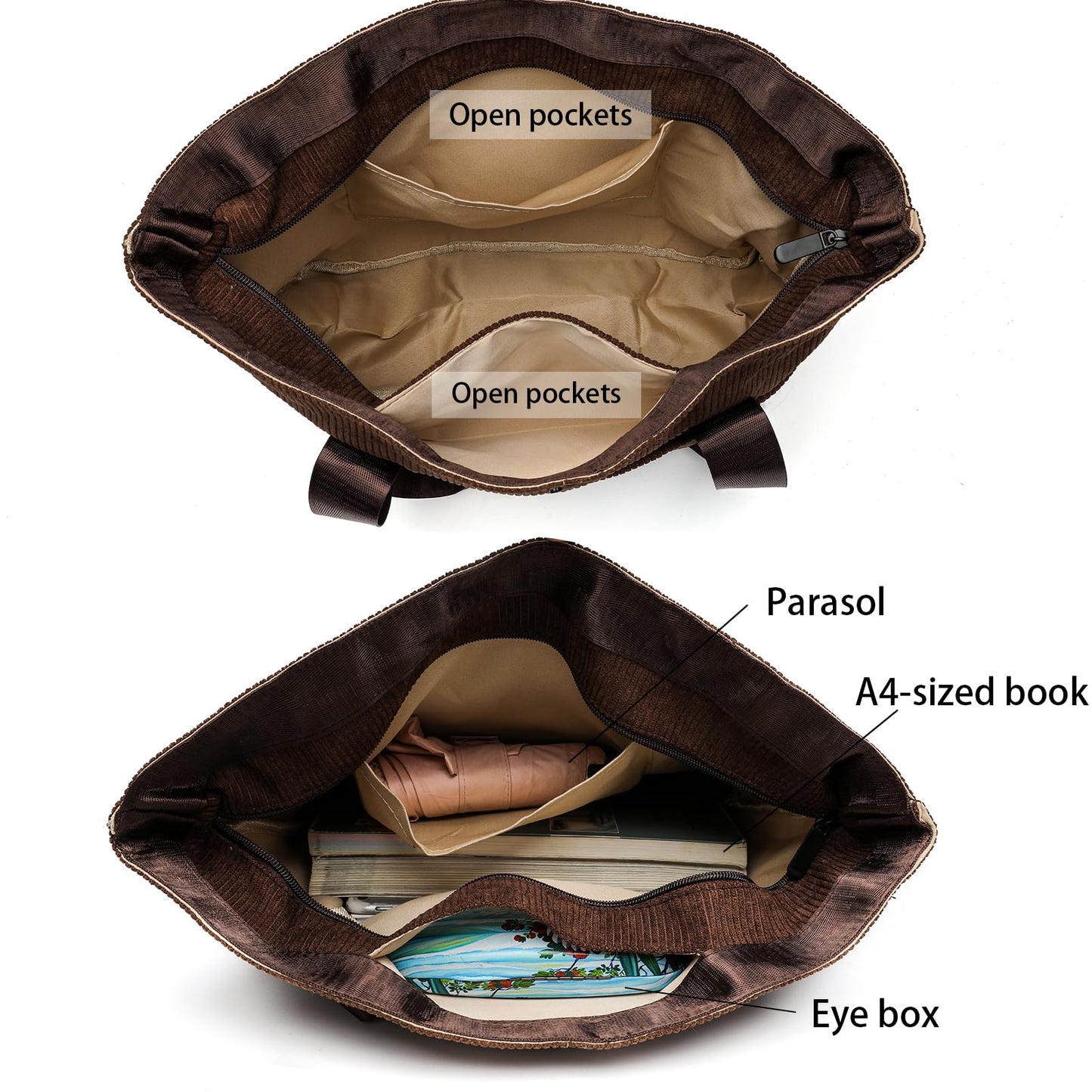 mcuvaec Corduroy Tote Bag for Women, Foldable Tote Bag With Zipper, Large Shoulder Bag, Purses and Handbags for Work Travel(Corduroy bag-Brown)