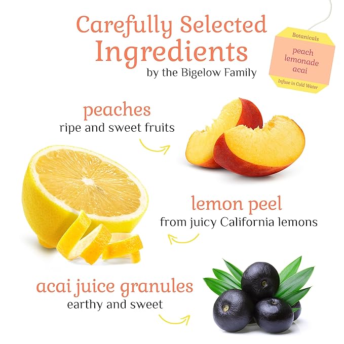 Bigelow Botanicals Cold Water Infusion Peach Lemonade with Acai, Caffeine Free Herbal Tea with Peach and Lemonade Flavor, 18 Count Box (Pack of 6), 108 Total Tea Bags