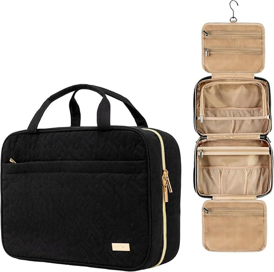 Carrywell |Not Made In China| Hanging Toiletry Travel Bag For Women, Makeup Organizer Case, Water-Resistant Cosmetic Bag For Full-size Containers, Toiletries (Black, Medium)