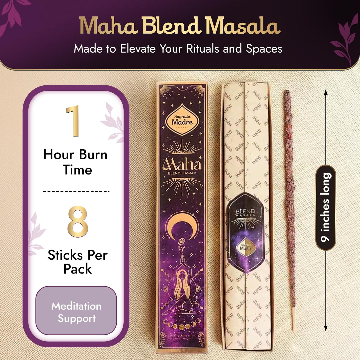 Sagrada Madre - 8 Extra-Durable Maha Masala Incense Sticks - 9” Long Handmade & Thick Aromatherapy Sticks with Rose Petals & Essential Oils for Meditation & Spiritual Harmony - 1 Hour Burn Time