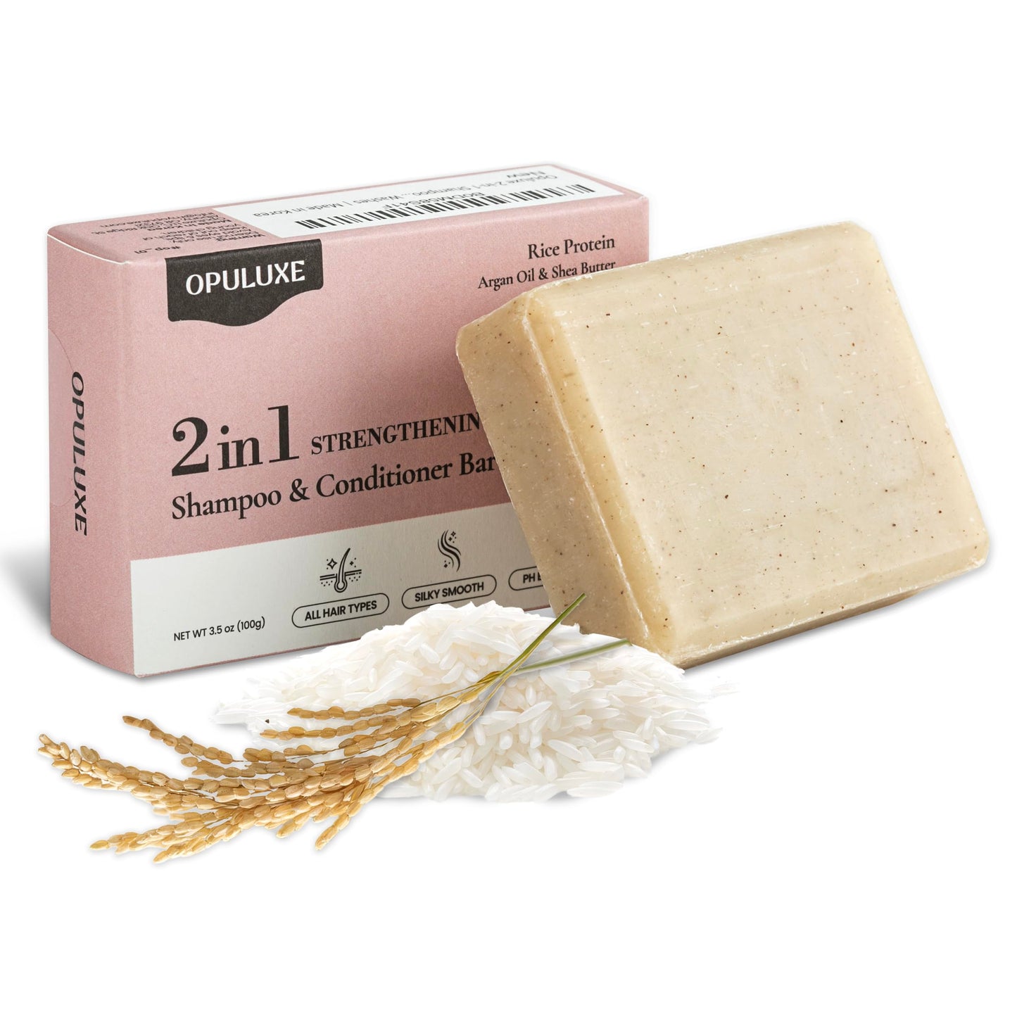 Opuluxe 2-in-1 Shampoo and Conditioner Bar – All Hair Types - Strengthening & Moisturizing with Rice Protein, Argan Oil, Shea Butter – Fresh Floral Musk – 80+ Washes – Made in Korea