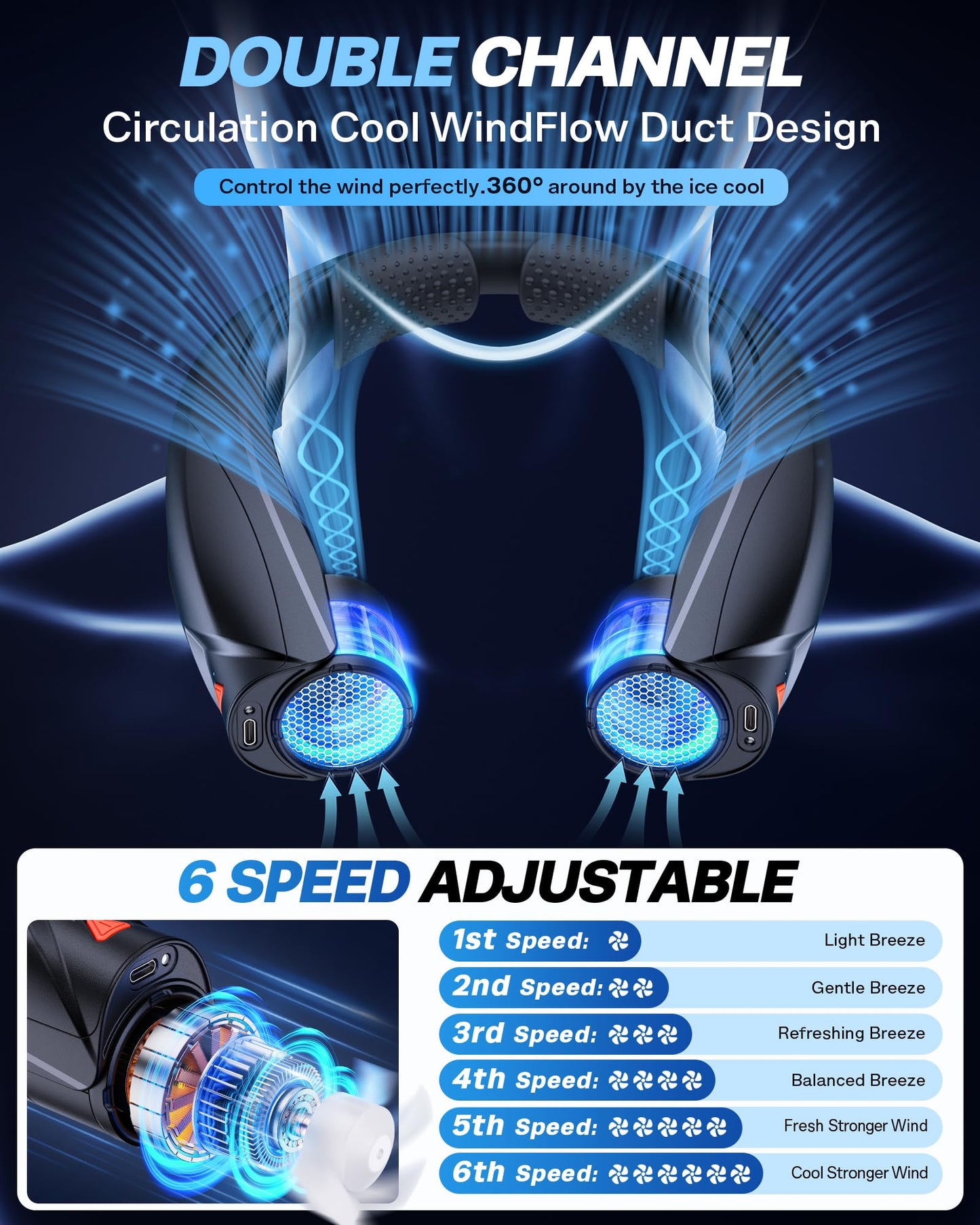 Laimiod Neck Fan - Portable Neck Fan with LED Book Light, 6-20 Hrs Long Battery, 6-Speed Adjustable, USB-C Rechargeable, Hands-Free Wearable Fan, Cooling Personal Fan for Men Women Outdoor Indoor