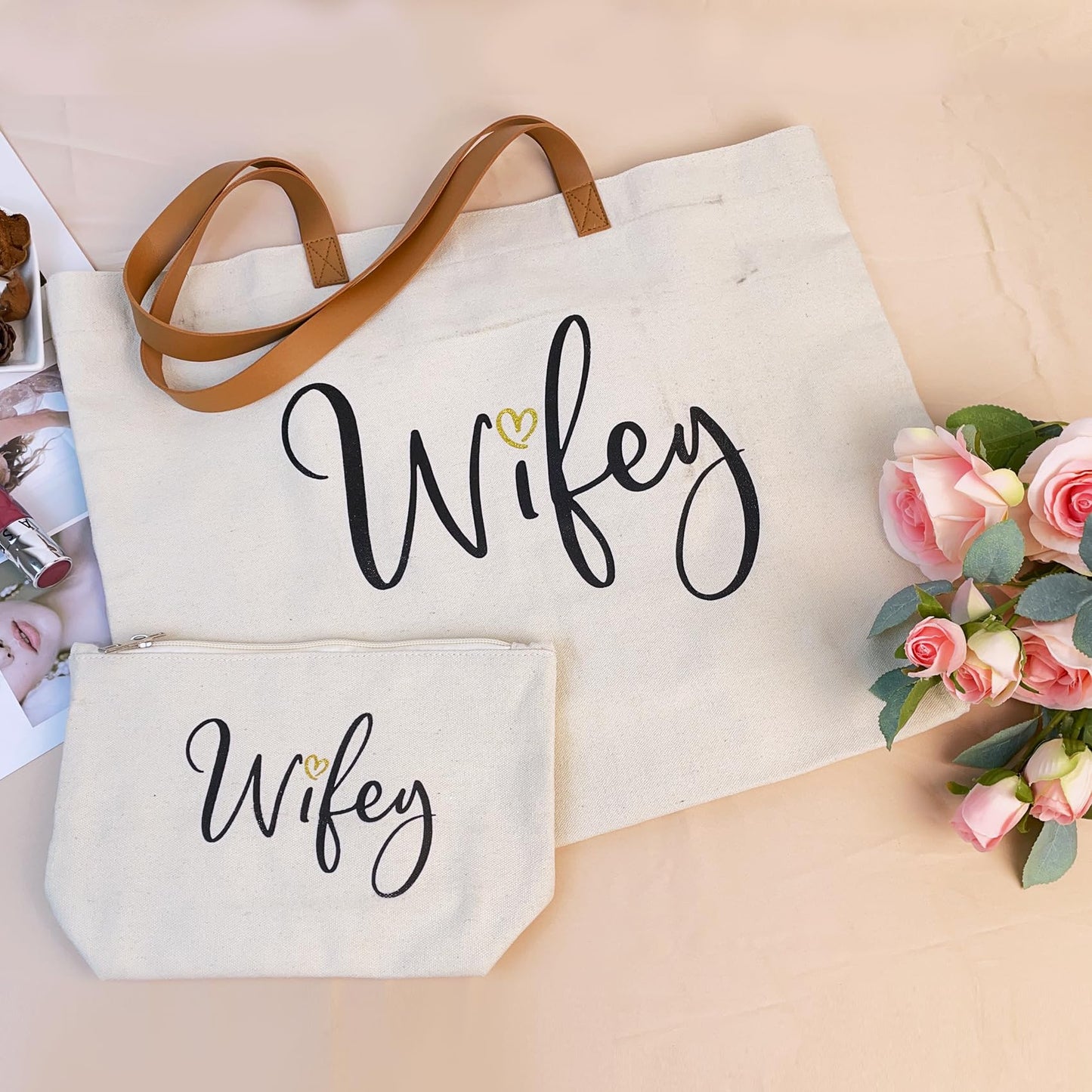 ELEGANTPARK Wifey Bag Wifey Gifts Wedding Gifts for Bride Bridal Shower Bachelorette Party Honeymoon Large Travel Shoulder Bag Canvas Totes with Zipper Set of 2