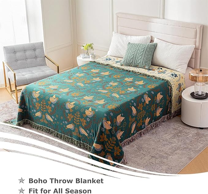 King Throw Blanket for Bed 100% Cotton Boho Ultra Soft Rustic Quilt Birds and Floral Double Embroider Fall King Bed Blanket,90"×108" All Season Blankets for Bedding Couch