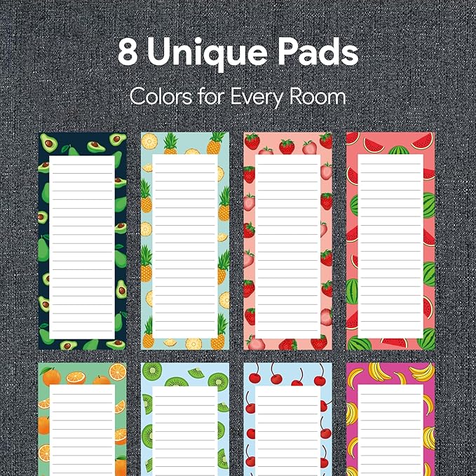 8 Large Magnetic Notepads – Big Notepads for Grocery List, Shopping List, To-Do List, Reminders -Strong Magnetic Back- Memo Pads with Realistic Fruit Designs | 60 Sheets per Pad 9 x 3.5 inch (8 Pack)