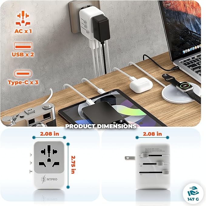 6 in 1 Universal Travel Adapter-10A | International Power Adapter with 3 USB C, 2 USB A Ports | 2500W Fast Portable Charger | Travel Adapter Worldwide Covering 200+ Countries- White