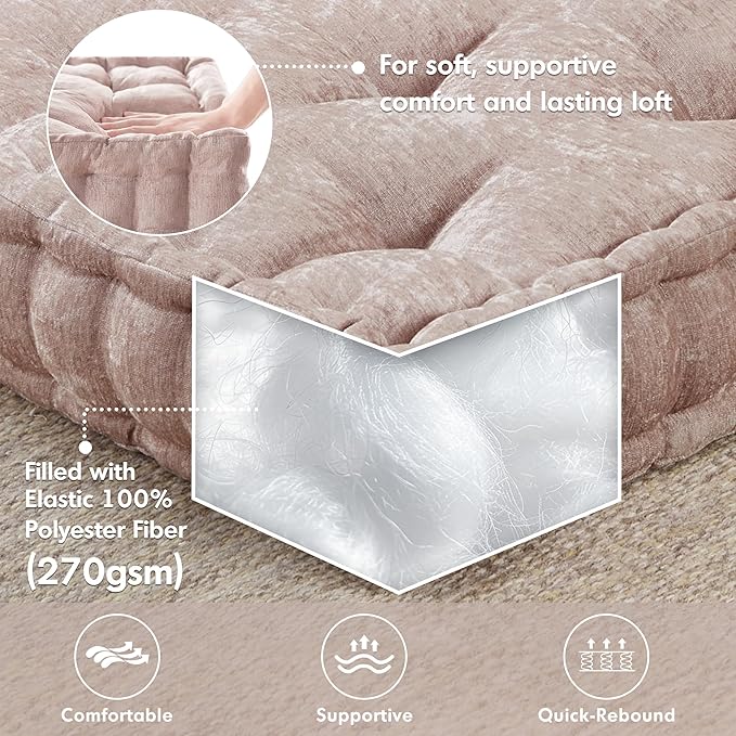 Intelligent Design Azza Floor Pillow, Large Cushions Sitting for Adults, Floor Pillow for Meditation or Yoga, Lustrous Chenille Tufted with Scalloped Edges for Bench/Chair Cushion, 20"x20"x5" Blush