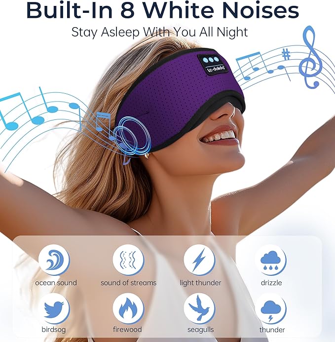 LC-dolida Bluetooth Sleep Mask with White Noise，Sleep Headphones,Bluetooth Wireless Music Eye Mask, Ideal for Travel, Night Work, Napping, Side Sleeping and Office Use for Both Men and Women(Purple)