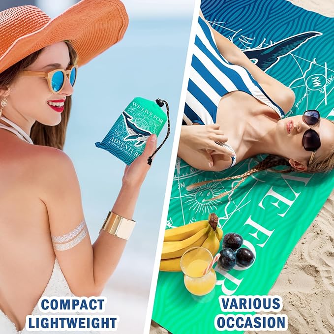 Beach Whale Pocket Picnic Blankets, Blue Ocean Coastal Mini Beach Camping Blanket Waterproof Sandproof, Rustic Sea RV Outdoor Picnic Blanket Mat Gifts for Camper Campsite Travel 55x60in