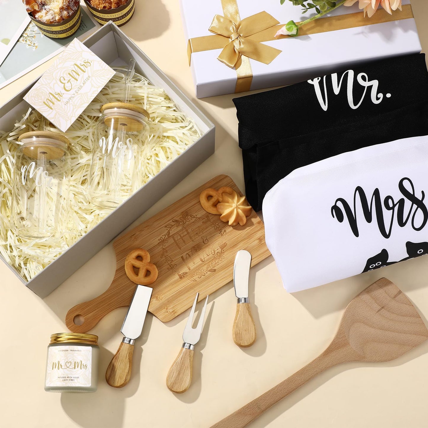 Singhoow 12 Pcs Wedding Gifts for Couples Mr Mrs Glass Cups Aprons Charcuterie Board Candle Butter Knife Box Set for Bridal Shower Engagement Anniversary Newlywed Bride Groom His and Her