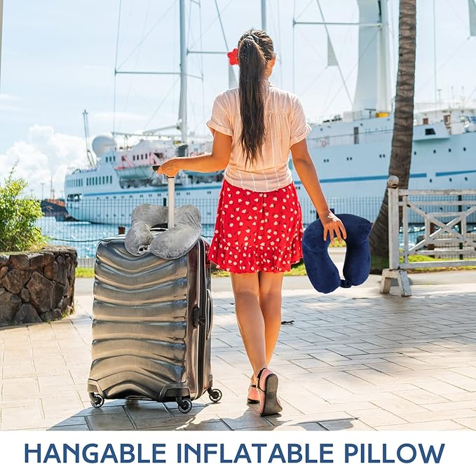 Sintuff 2 Pack Inflatable Travel Pillow for Airplanes Inflatable Neck Flight Pillows with Compact Bag and Blindfold for Traveling, Airplane, Train, Car, Office(Gray and Blue)