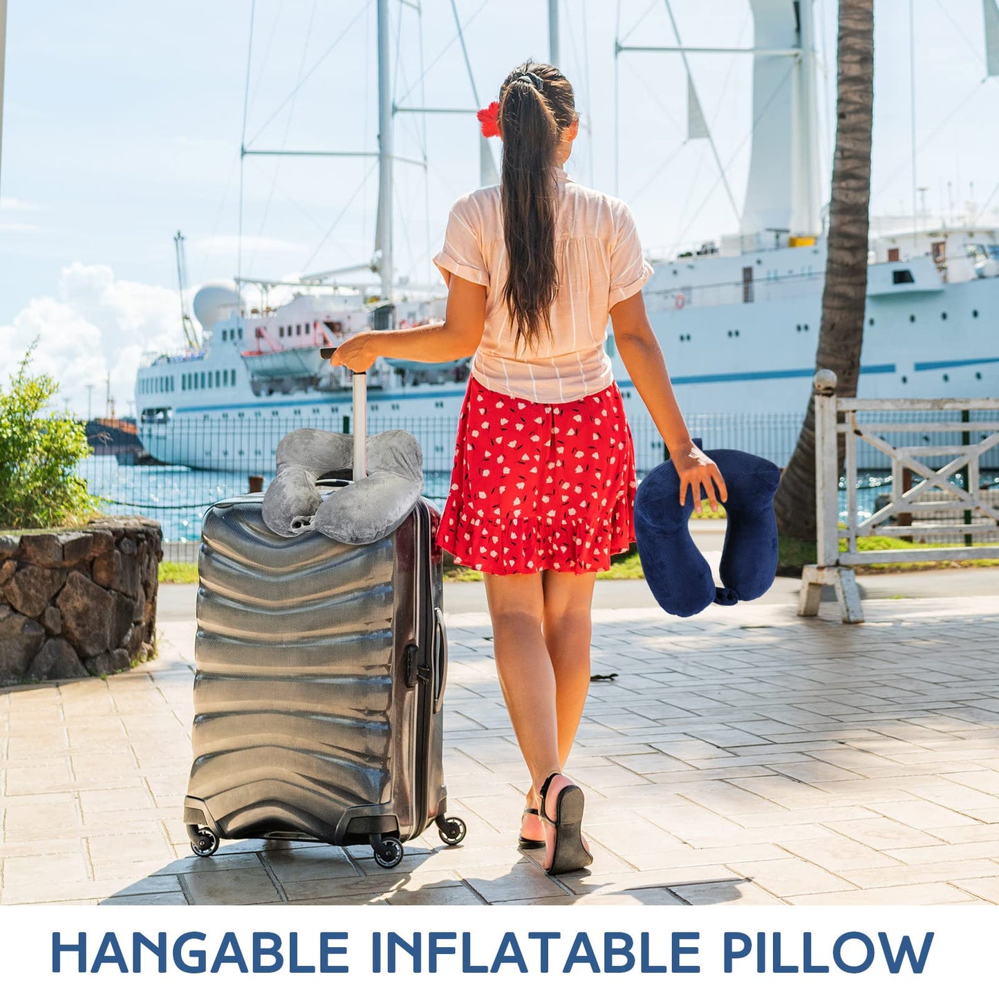 Sintuff 2 Pack Inflatable Travel Pillow for Airplanes Inflatable Neck Flight Pillows with Compact Bag and Blindfold for Traveling, Airplane, Train, Car, Office(Gray and Blue)