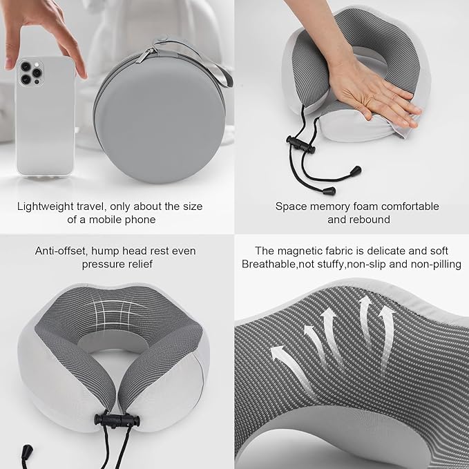Travel Pillow Memory Foam Neck Pillow for Airplane Washable Silk Cover Ergonomic Neck Support Pillow with Storage Box