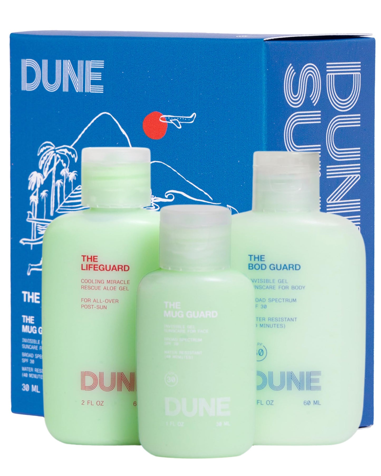 Jetsetter Gelly Mini Travel Sunscreen Kit - 72-Hour Hydration, Fine Line, Redness Reduction, Moisturising Face and Body Sunscreen - Travel SPF Kit w/Aloe Rescue Gel for Tan Relief (2 Fl Oz Each)