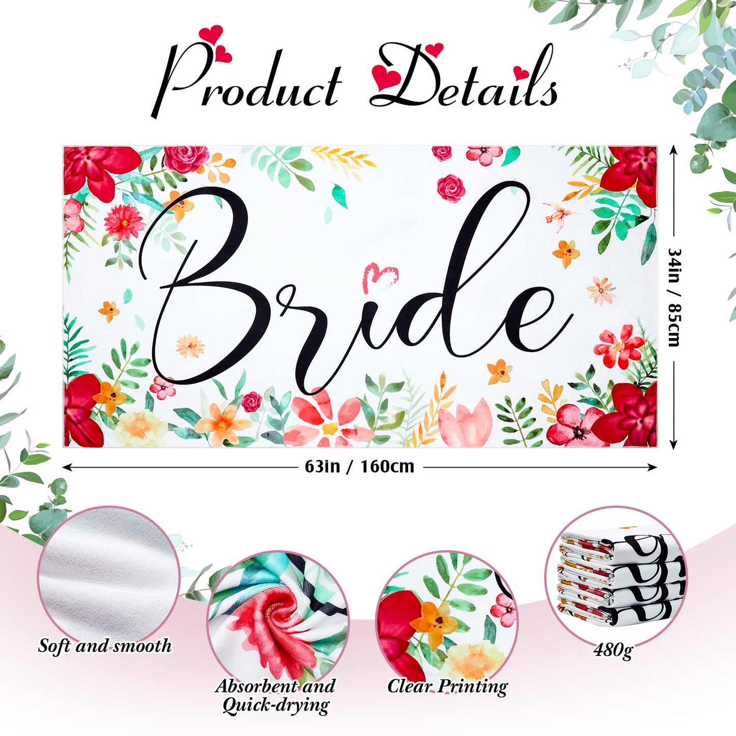 Mixweer 8 Pcs Bride Beach Towel Bridesmaids Beach Towel Set 60 x 30 Inch Bride Tribe Bridesmaid Gift for Wedding Honeymoon Bachelorette Engagement Party