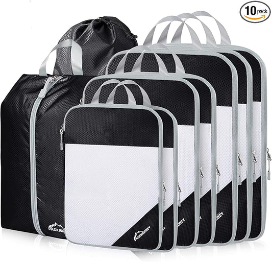 Compression Packing Cubes, 9 Set Packing Cubes for Travel Compression, Lightweight Compressible Package Organizer for Carry On and Suitcases, Black