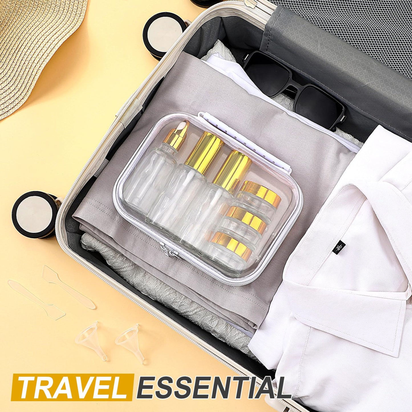 Qiyaz 11 Pcs Glass Travel Bottles with Clear Hard Zipper Case Skin Care Containers Travel Size Mini Makeup Containers Tsa Approved with Pump Spray for Liquid Toners Serum Cream(Gold,Style 1)