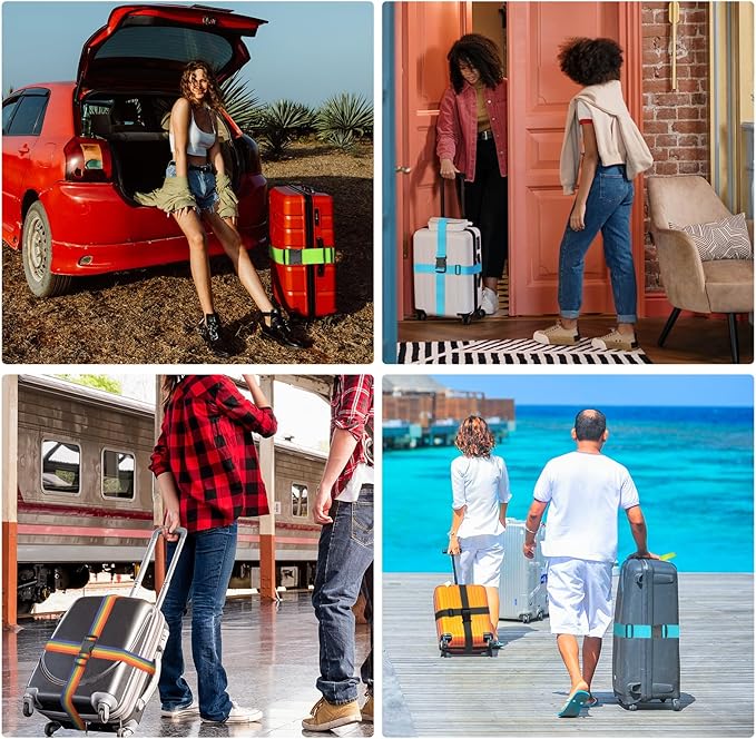 BILIONE 4 Pack Luggage Straps 79" Long Belts Keep Suitcase Secure While Traveling, TSA Approved Add a Bag Premium Accessory for Travel Bag Closure (Blue+Orange+Rose Pink+Green)