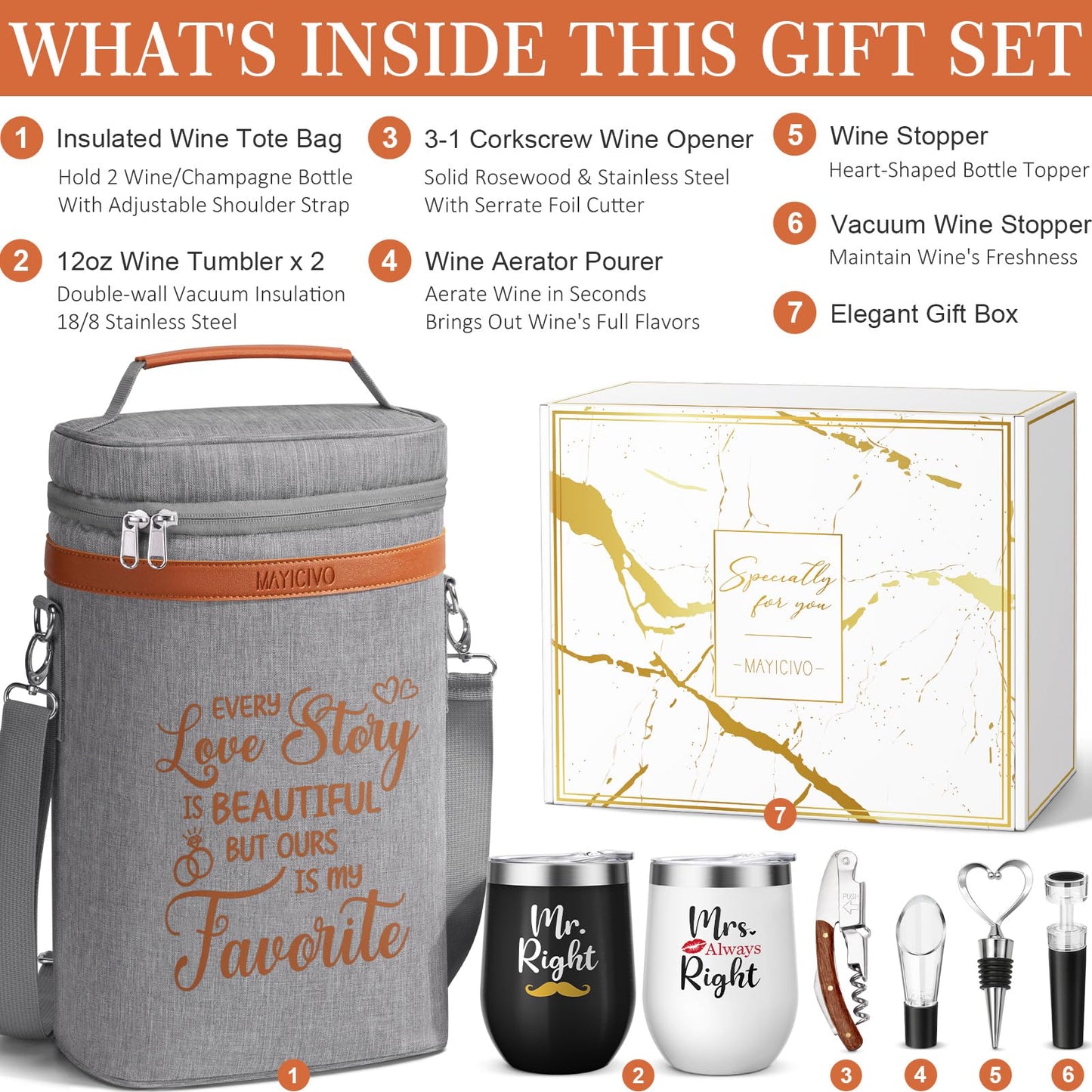 Anniversary Engagement Gifts for Men Women, Mr and Mrs Wine Tumblers Gifts - Funny Wedding Gifts for Couple, Bridal Shower, Newlywed - Insulated Wine Cooler Tote Bag with Glasses and Wine Accessories