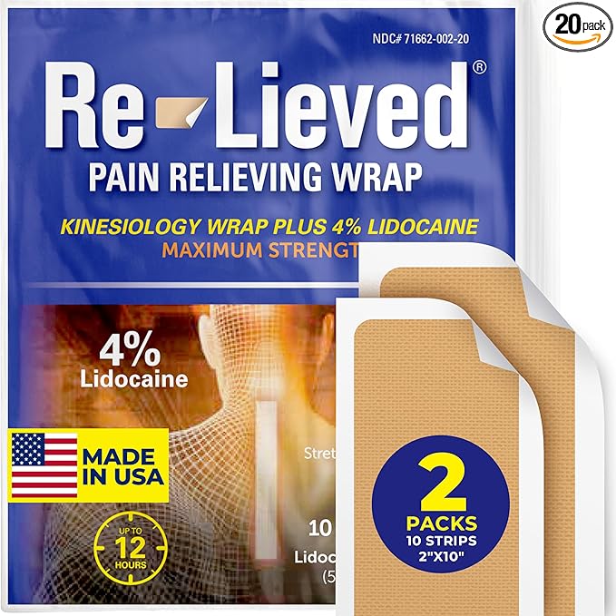4% Lidocaine Maximum Strength Pain Relief Kinesiology Tape - Relieves Back, Joints and Muscle Pains - Superior Sticking, Aluminum-Free Water Resistant, and USA Made - 2" x 10" Strips (20 Pcs)
