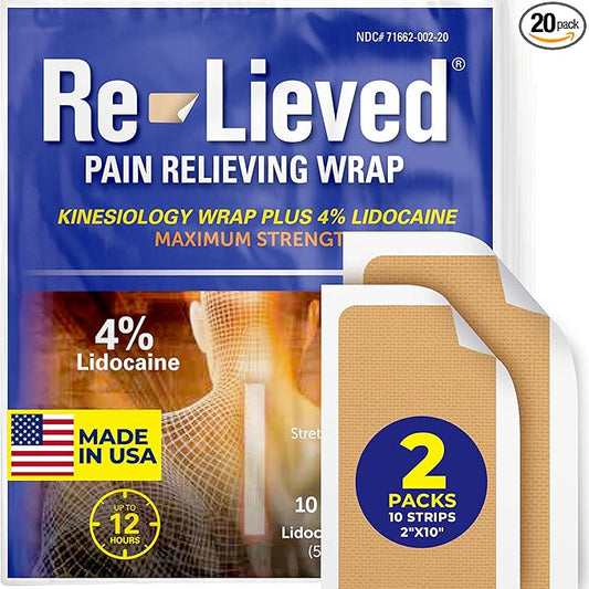 4% Lidocaine Maximum Strength Pain Relief Kinesiology Tape - Relieves Back, Joints and Muscle Pains - Superior Sticking, Aluminum-Free Water Resistant, and USA Made - 2" x 10" Strips (20 Pcs)