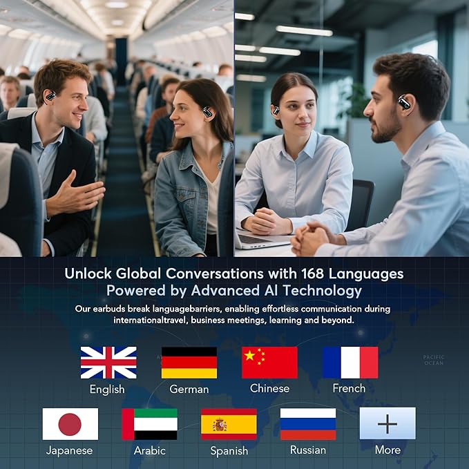168 Languages AI Translation Earbuds, Bluetooth 5.4 Headphones Translator, 4-in-1 Smart Mode Touch Screen Real-Time Earphones Fit iOS and Android Ideal for Travel Business and Learning, Black