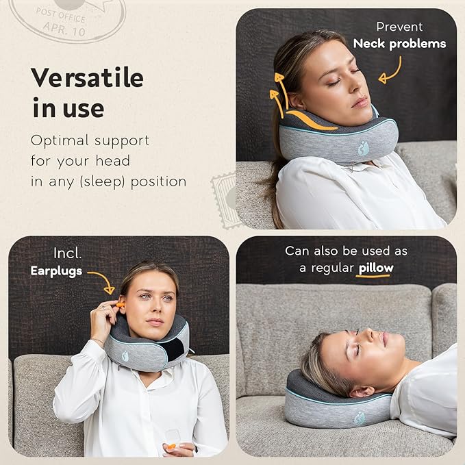 Travel Pillow - Airplane Neck Pillow with 360° Support - 100% Pure Memory Foam Flight Pillow for Sleeping on Airplanes - Travel Neck Pillow for Traveling
