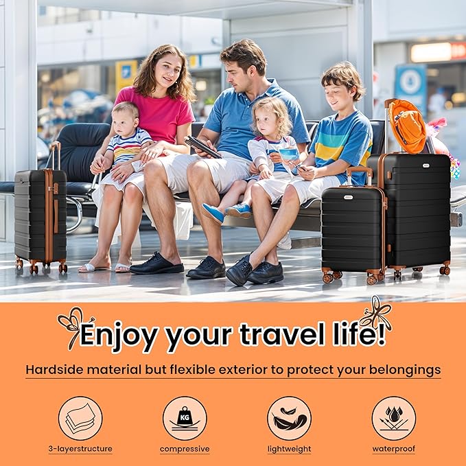 AnyZip Luggage Sets 3 Piece Hardshell Suitcase Set PC ABS Lightweight Travel Suitcases with 4 Double Spinner Wheels TSA Lock 20 24 28 Inch Black Brown