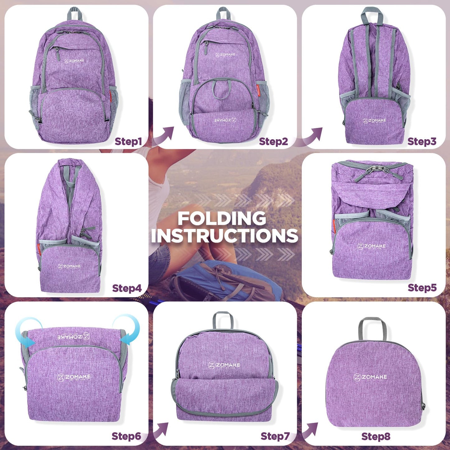 ZOMAKE Ultra Lightweight Packable Backpack 20L,Small Foldable Backpacks Hiking Water Resistant Collapsible Daypack for Women Men(Light Purple-C2)