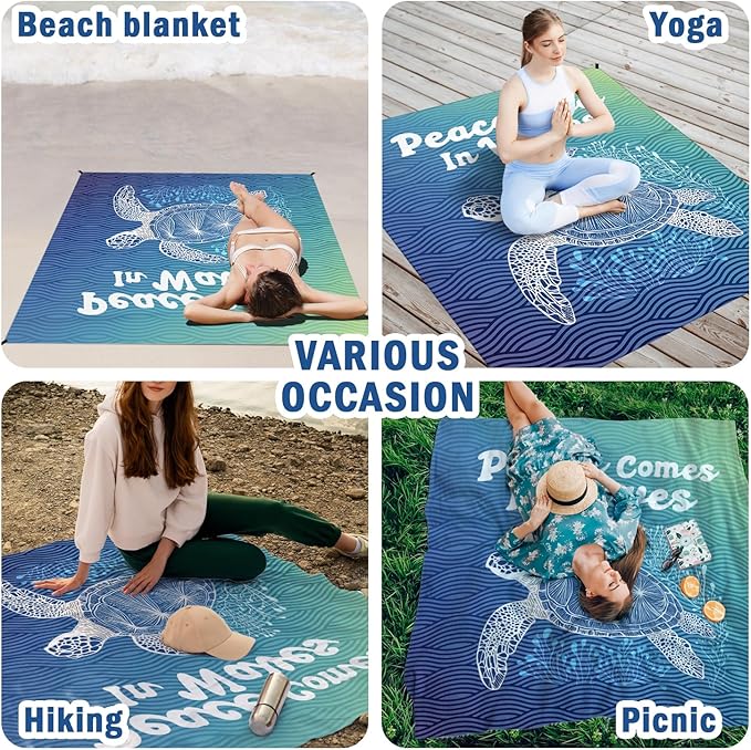 Beach Turtle Pocket Picnic Blankets, Blue Ocean Coastal Mini Beach Camping Blanket Waterproof Sandproof, Rustic Sea RV Outdoor Picnic Blanket Mat Gifts for Camper Campsite Travel 55x60in