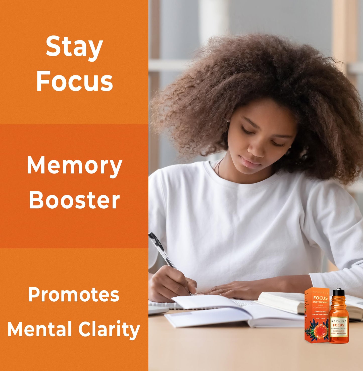Focus Roll On Essential Oil Concentration Memory Attention Orange Ginger Patchouli Functional Aromatherapy Stick Self Care Study Gift Stocking Stuffer