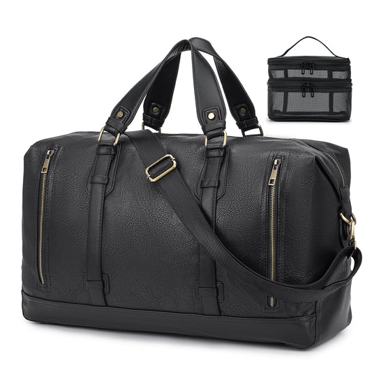 BAGZY PU Leather Travel Duffel Bag with Toiletry Dopp Kit Large Capacity Weekender Bag 25L Carry on Overnight Bag Sports Duffel Bag for Men or Women Black