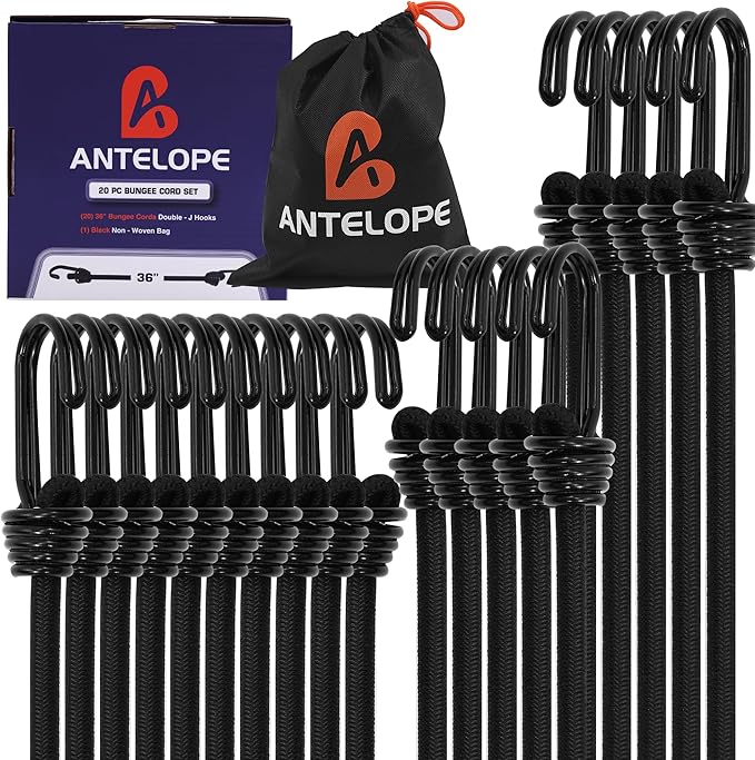 A ANTELOPE Outdoor Bungee Cord Assortment - Heavy Duty Set of 20 Bungee Cords (36") Double J Hooks - Multipurpose Elastic Straps for Fastening Tarps, ATV, Camping, Trucks, Motorcycles, Bikes