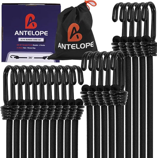 A ANTELOPE Outdoor Bungee Cord Assortment - Heavy Duty Set of 20 Bungee Cords (36") Double J Hooks - Multipurpose Elastic Straps for Fastening Tarps, ATV, Camping, Trucks, Motorcycles, Bikes