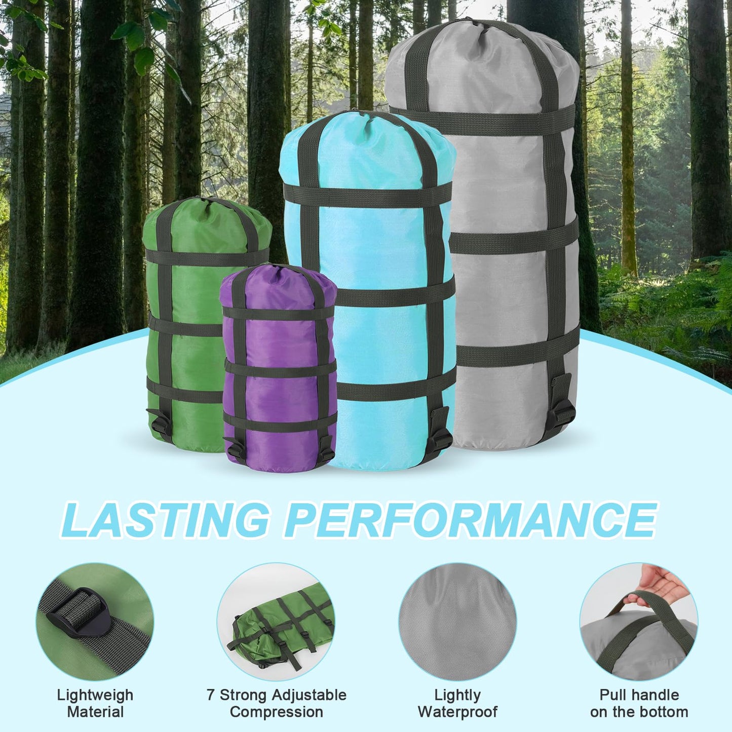 4 Pack Compression Sack for Sleeping Bag Stuff Sack Adjustable Sleeping Bag Compression Stuff Sack 11L + 15L + 30L + 45L Space Saving Gear for Backpacking Hiking Camping Outdoor and Travel Storage(4)