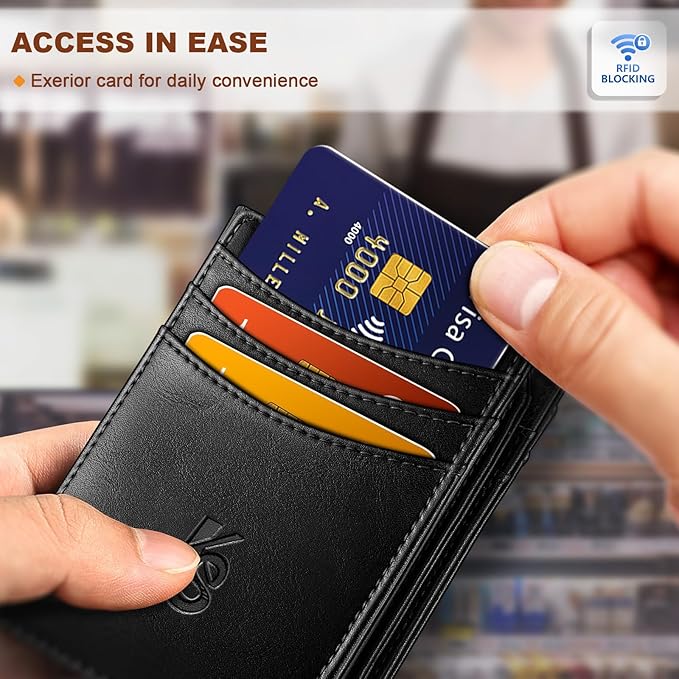 KEMISANT Men Wallet, Slim Leather Wallet Money Clip Magnetic Closure ID Windows 14Cards RFID Blocking