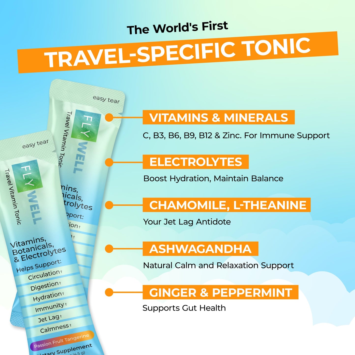 FlyWell Travel Vitamin Tonic for Flight, Jet Lag, Hydration, Circulation, Digestion & Immune Support, Promotes Calmness, Electrolyte Powder, Travel Essentials, Passion Fruit Tangerine, 15 Sticks