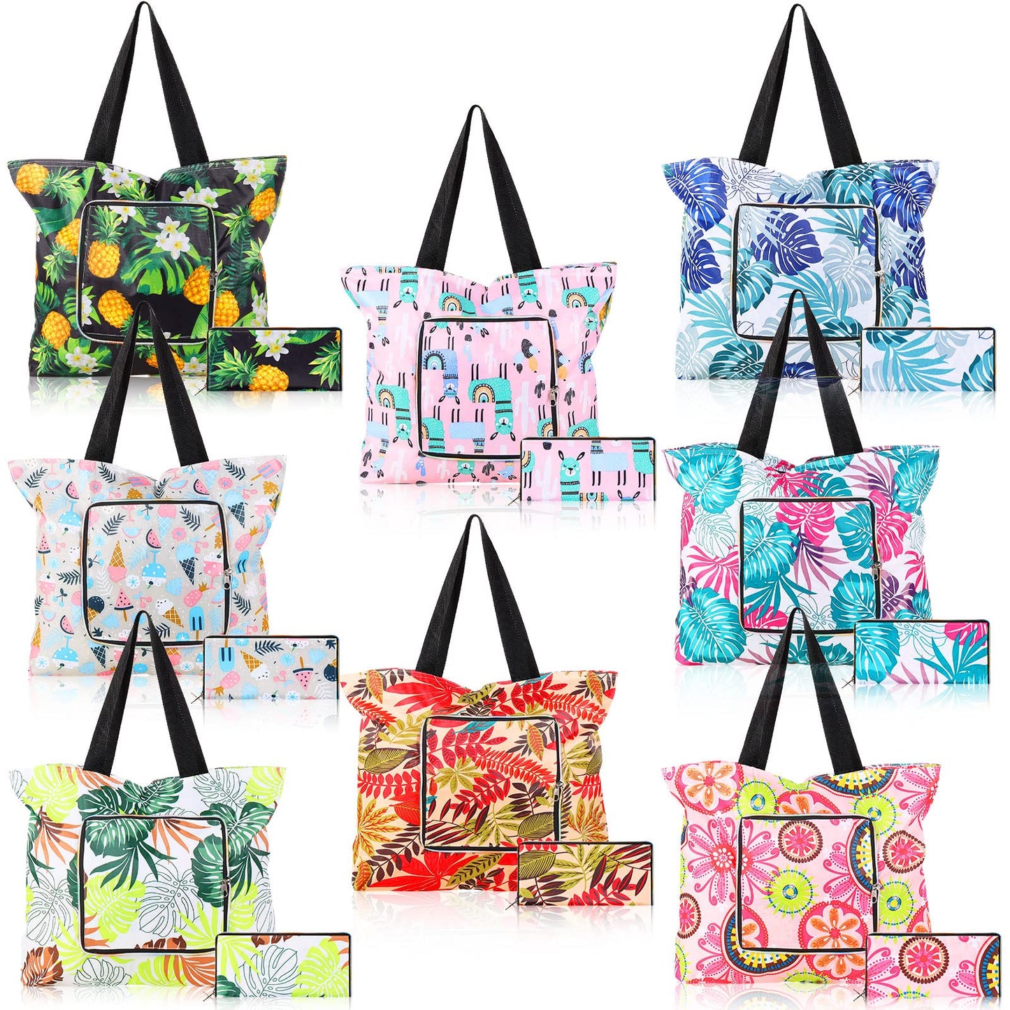 Cunno 8 Pcs Summer Reusable Shopping Bags for Groceries 13.78 x 17.72 x 4.72 Inch Beach Foldable Tote Bag with Zipper and Handles Large Capacity Waterproof Travel Tote Bags for Women Work Gym