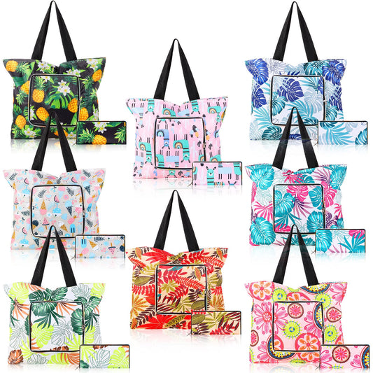 Cunno 8 Pcs Summer Reusable Shopping Bags for Groceries 13.78 x 17.72 x 4.72 Inch Beach Foldable Tote Bag with Zipper and Handles Large Capacity Waterproof Travel Tote Bags for Women Work Gym