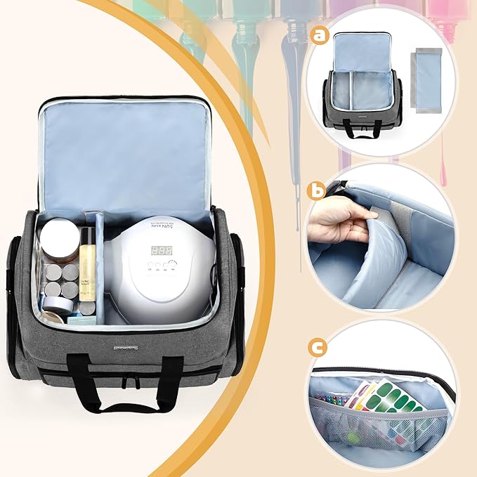 BAFASO Nail Polish Organizer Holds 80 Bottles (15ml - 0.5 fl.oz) and a UV Nail Lamp, Nail Polish Case with 2 Removable Pouches and Manicure Tools Storage Sections (Patented), Gray