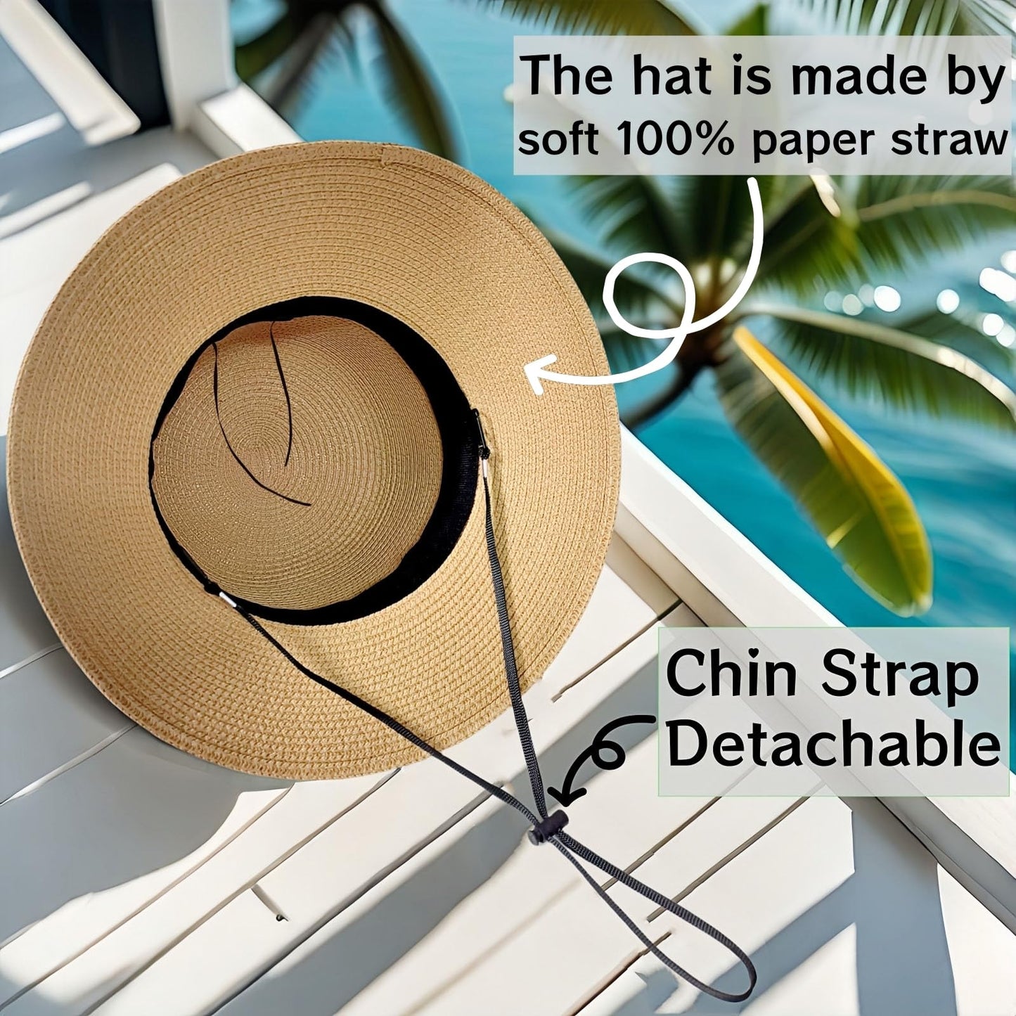 Beach Sun Straw Hats for Women, Summer Sun Protection Foldable Packable Wide Brim Hat,Khaki