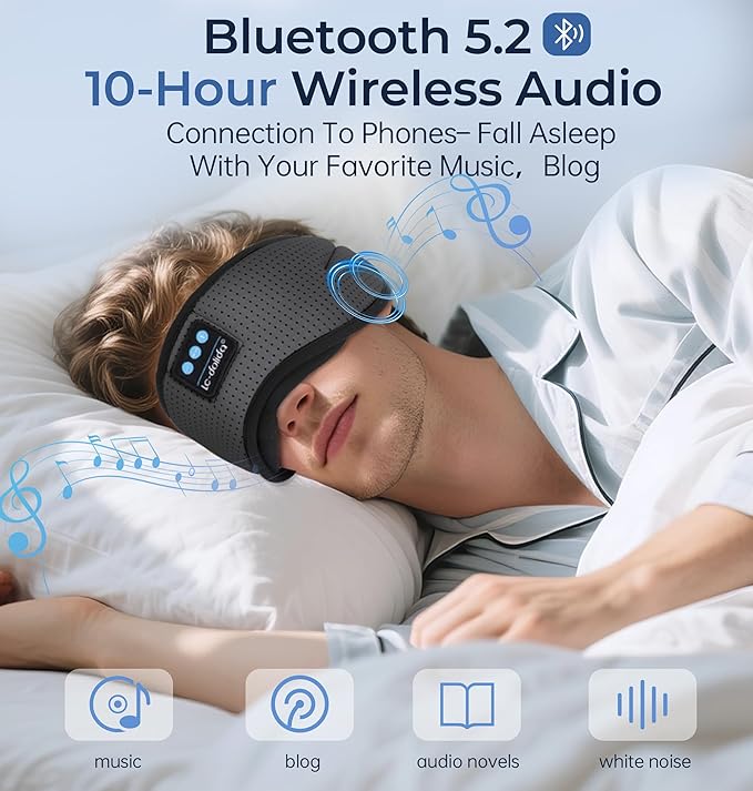 LC-dolida Bluetooth Sleep Mask with White Noise，Sleep Headphones,Bluetooth Wireless Music Eye Mask, Ideal for Travel, Night Work, Napping, Side Sleeping and Office Use for Both Men and Women(Grey)