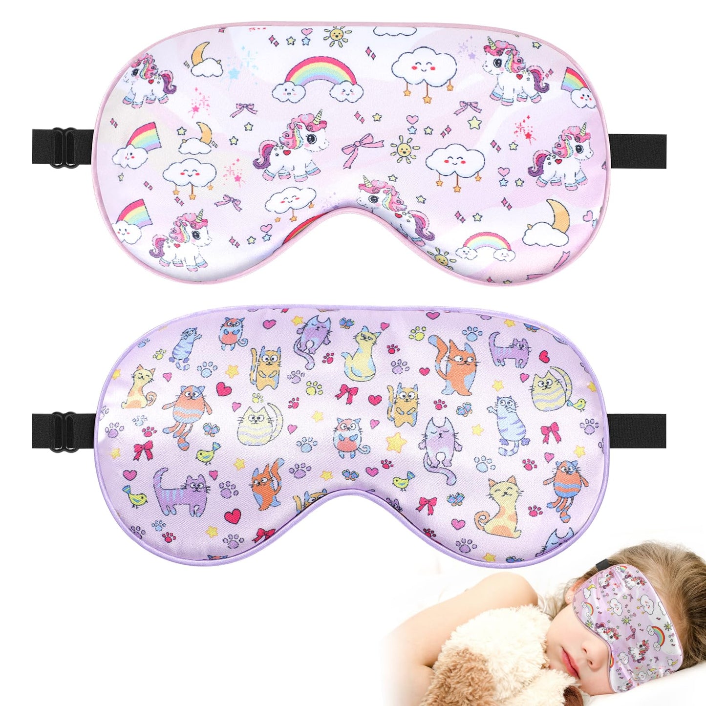 2 Pcs Sleep Mask for Kids Girls, Silk Eye Covers for Sleeping, Adjustable Strap & Light Blocking Design, Children's Bedtime Blindfold for Travel and Home Use (Rainbow Unicorn)