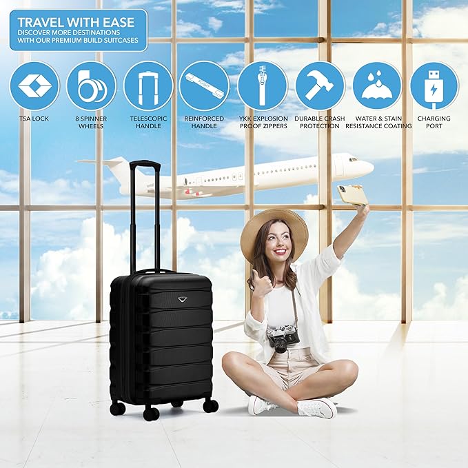 Carry On Suitcase Hardside TSA Lock & USB Port Silent Double Spinner Wheels Maximum Overhead Carry-On Bag Approved For Many Airlines( 22x18x10" ,Black )