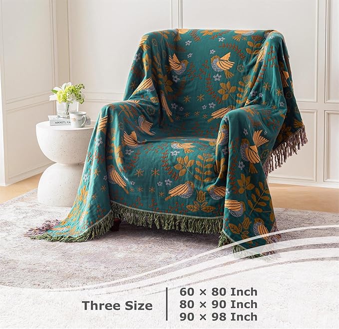 Boho Throw Blanket for Bed 100% Cotton Ultra Soft Rustic Quilt Fall Blanket Bird Floral Printed Farmhouse Decor Large Bed Blankets,80"×90" All Season Rustic Throw for Sofa Couch Chair