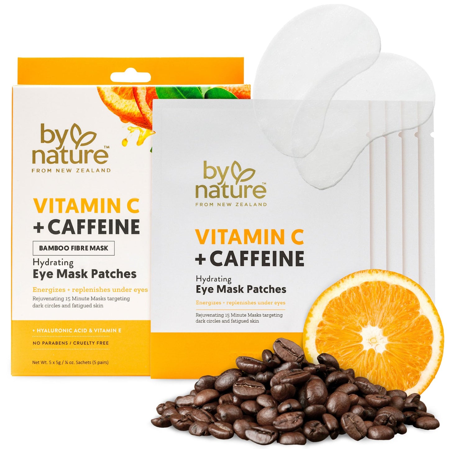 By Nature Vitamin C + Caffeine Brightening + Hydrating Under Eye Mask Patches - Energizing + Replenishing Eye Patches for Dark Circles - Skincare from New Zealand - Under Eye Patches - 5 Pairs
