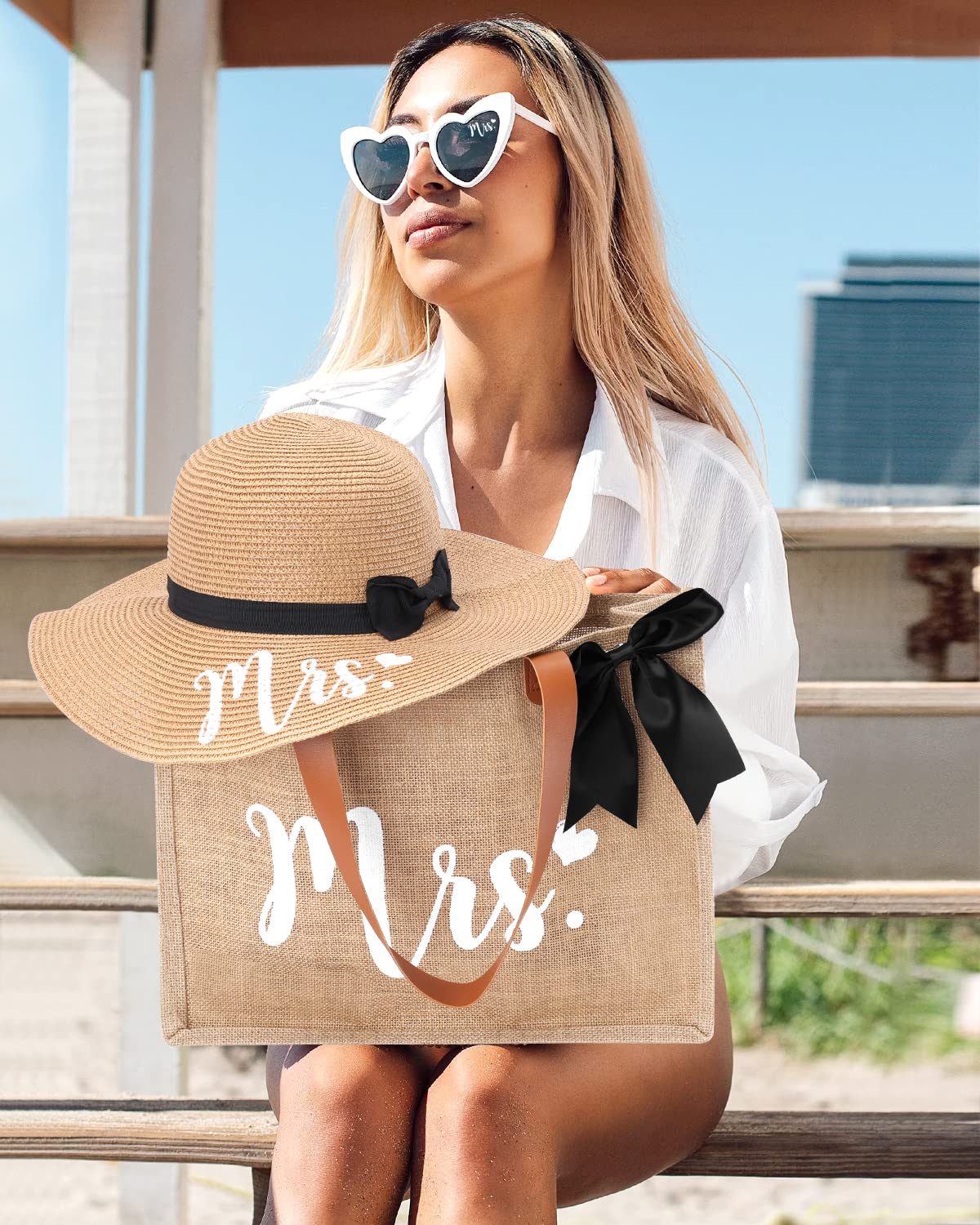 Percozzi Mrs. Tote Bag Sun Hat Glasses Set Bride-To-Be Bridal Shower Gift with Cute Heart Basket for Bride Wifey Honeymoon Jute Tote Bag Kit Summer Beach Present for Friend Set of 3