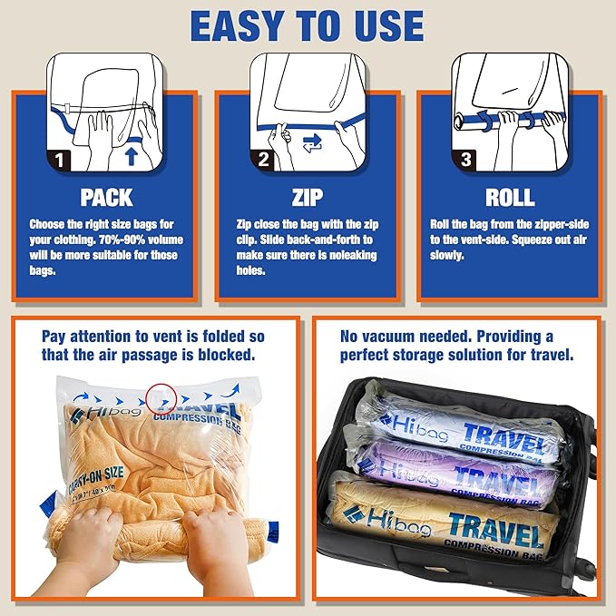 6 Compression Bags for Travel Essentials, Vacuum Packing Space Saver Bags for Cruise Accessories (6-Travel)