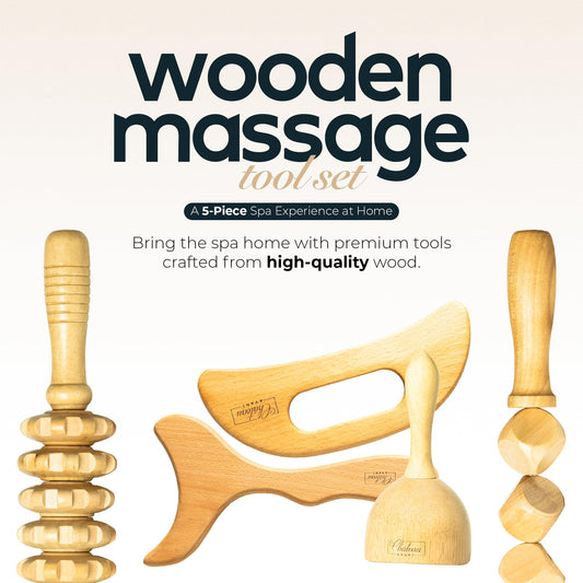 Château Avant Luxury Wooden Massage Tool Set, 5-Piece Lymphatic Drainage & Sculpting Kit – Cupper, Roller, Contouring Board, Scraper & Rope Roller